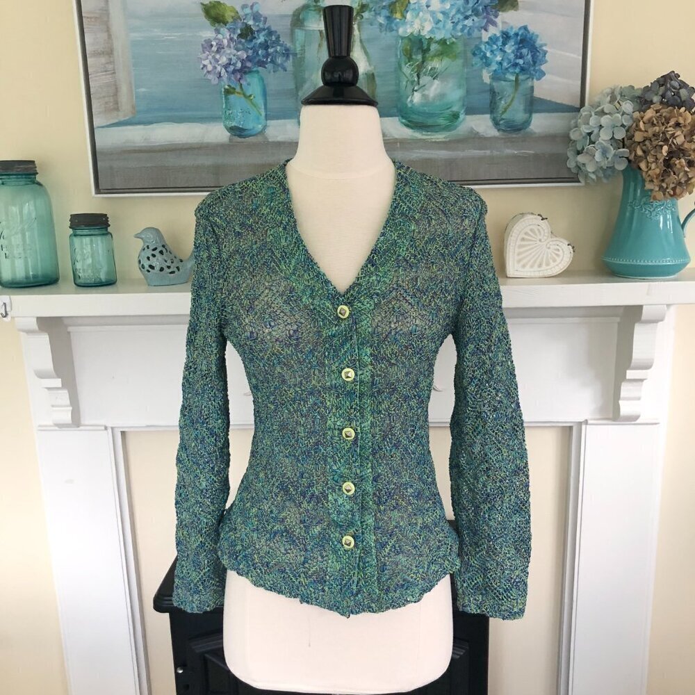 Vintage 90s Gantos Blue Open Knit Cardigan Sweater Medium Artsy Boho - Picture 3 of 14
